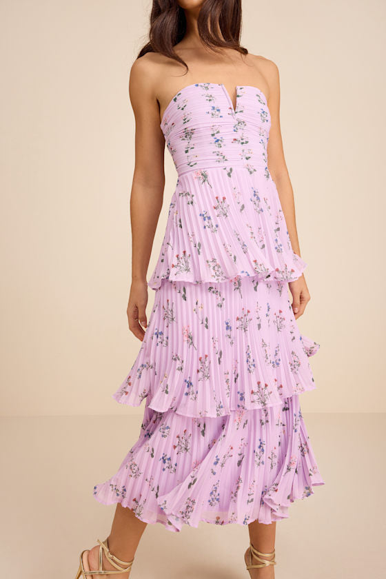 Hadelyn Lavender Floral Pleated Tiered Midi Dress #Color_Lavender