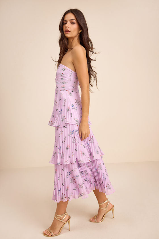 Hadelyn Lavender Floral Pleated Tiered Midi Dress #Color_Lavender