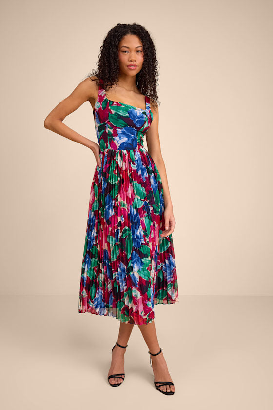 Malanda Fuchsia Multi Floral Pleated Midi Dress #Color_Fuchsia Multi Floral
