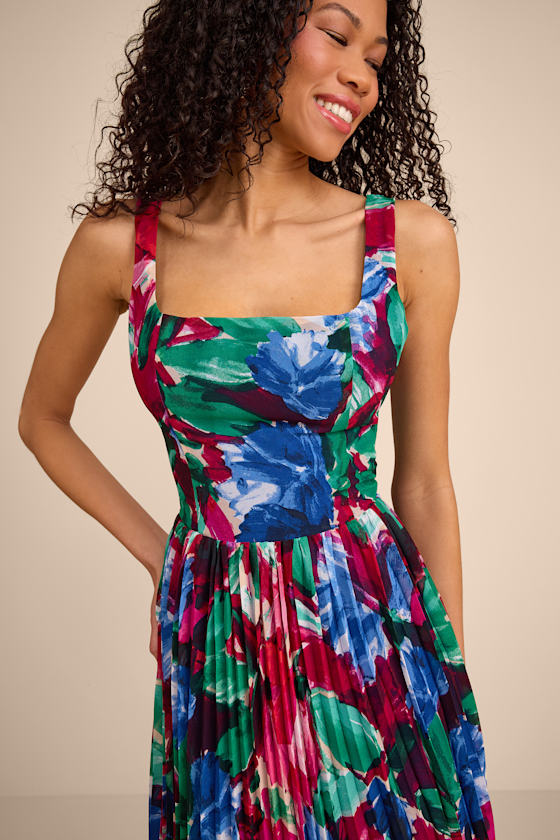 Malanda Fuchsia Multi Floral Pleated Midi Dress #Color_Fuchsia Multi Floral