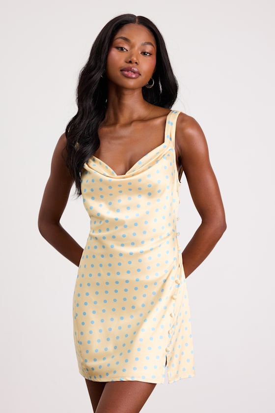 Candace Light Yellow Polka Dot Satin Mini Dress #Color_Light Yellow Polka Dot