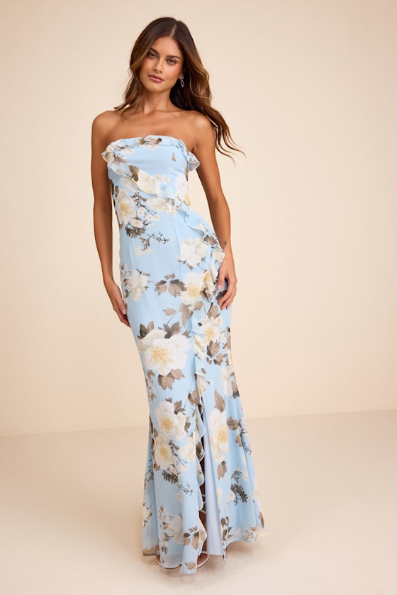 Excellent Sensation Blue Floral Strapless Ruffled Maxi Dress #Color_Blue Floral
