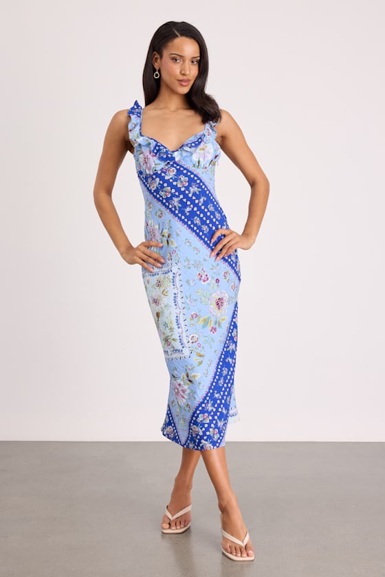 Mellie Blue Floral Scarf Print Ruffled Midi Dress #Color_Blue Floral Scarf Print
