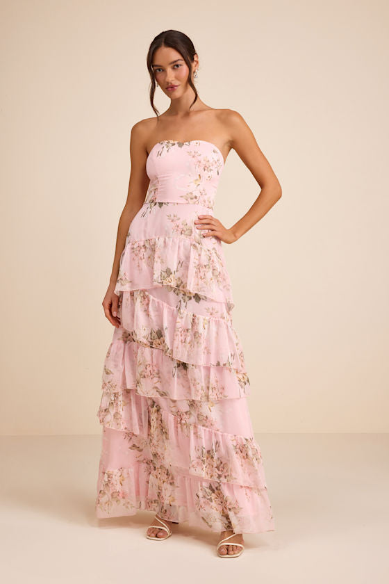 Niyati Blush Floral Strapless Tiered Maxi Dress #Color_Blush Floral
