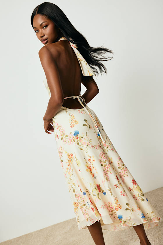Asa Cream Floral Halter Asymmetrical Midi Dress #Color_Cream Floral