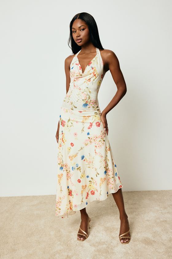 Asa Cream Floral Halter Asymmetrical Midi Dress #Color_Cream Floral