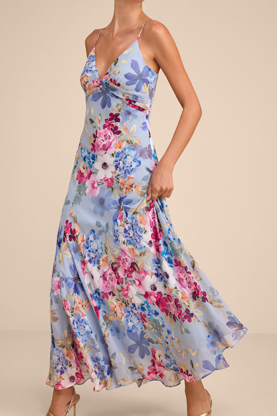 Meleia Light Blue Floral V-Neck Maxi Dress #Color_Light Blue Floral