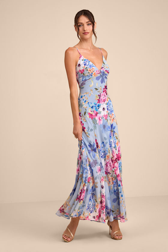 Meleia Light Blue Floral V-Neck Maxi Dress #Color_Light Blue Floral