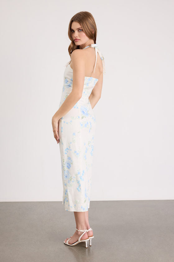 Arrosa Light Yellow Floral Halter Midi Dress