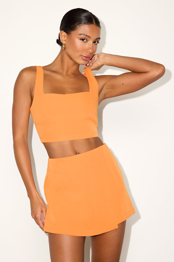 Exceptionally Styled Orange Lace-Up Two-Piece Skort Romper #Color_Orange