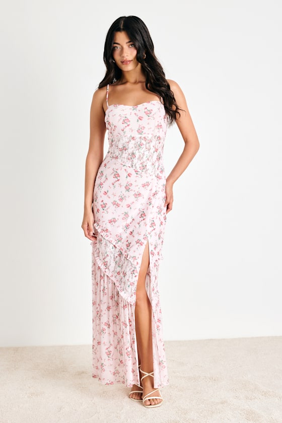 Kasha Light Pink Floral Asymmetrical Maxi Dress #Color_Light Pink Floral