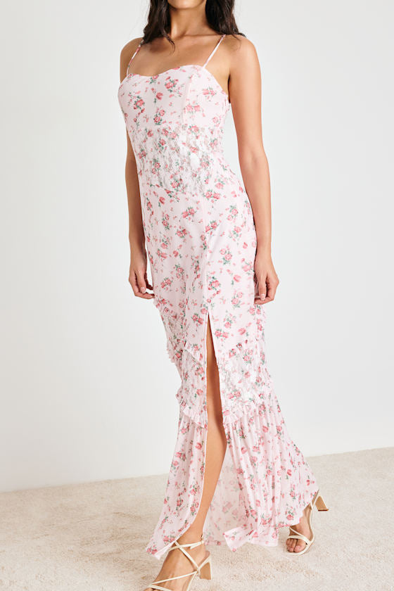 Kasha Light Pink Floral Asymmetrical Maxi Dress #Color_Light Pink Floral