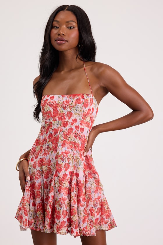 Sophrina White Halter Mini Dress #Color_Red Floral