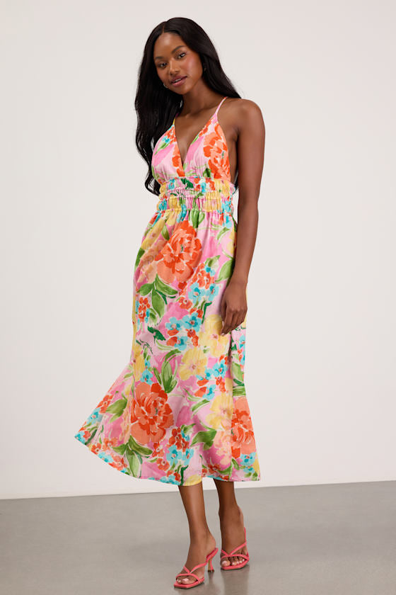 Layne Pink Multi Floral Backless Midi Dress #Color_Pink Multi Floral