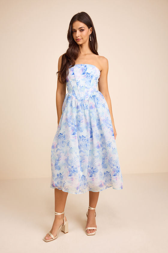 Eulalia Light Blue Floral Lace-Up Strapless Bustier Midi Dress #Color_Light Blue Floral