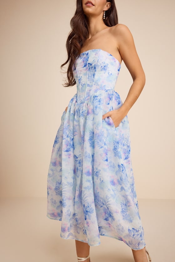 Eulalia Light Blue Floral Lace-Up Strapless Bustier Midi Dress #Color_Light Blue Floral
