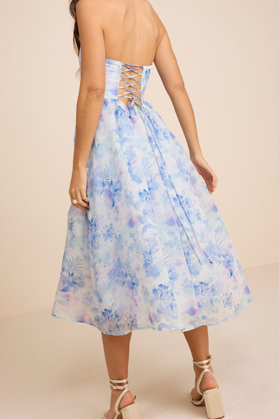 Eulalia Light Blue Floral Lace-Up Strapless Bustier Midi Dress