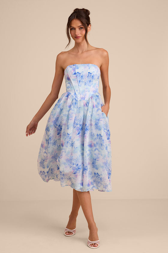 Eulalia Pink Floral Lace-Up Strapless Bustier Midi Dress