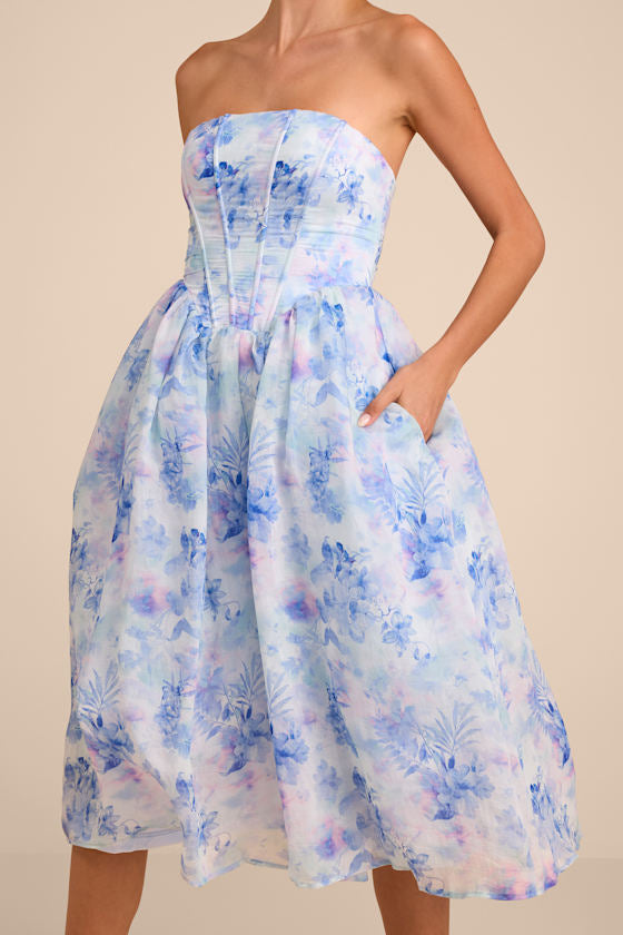Eulalia Dark Blue Floral Lace-Up Strapless Bustier Midi Dress