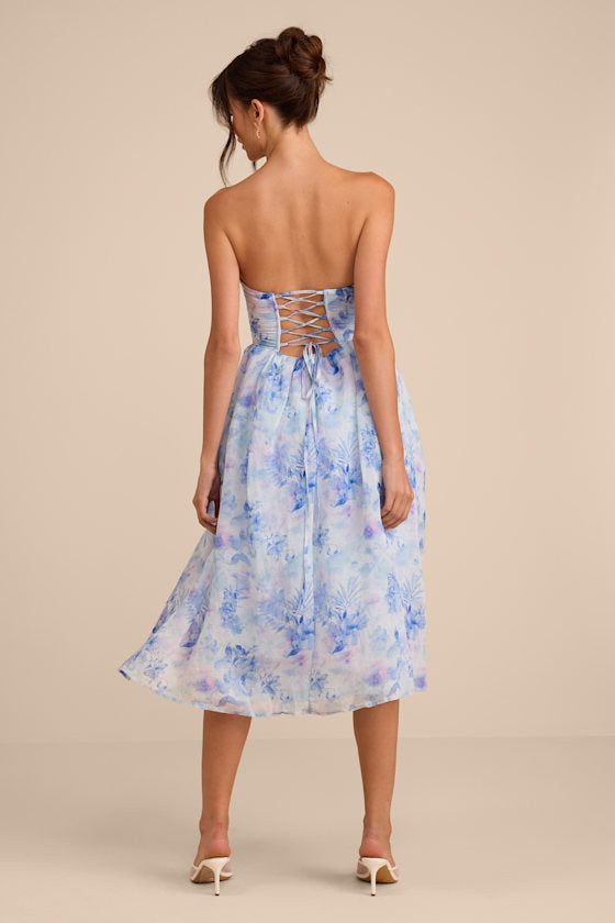 Eulalia Dark Blue Floral Lace-Up Strapless Bustier Midi Dress