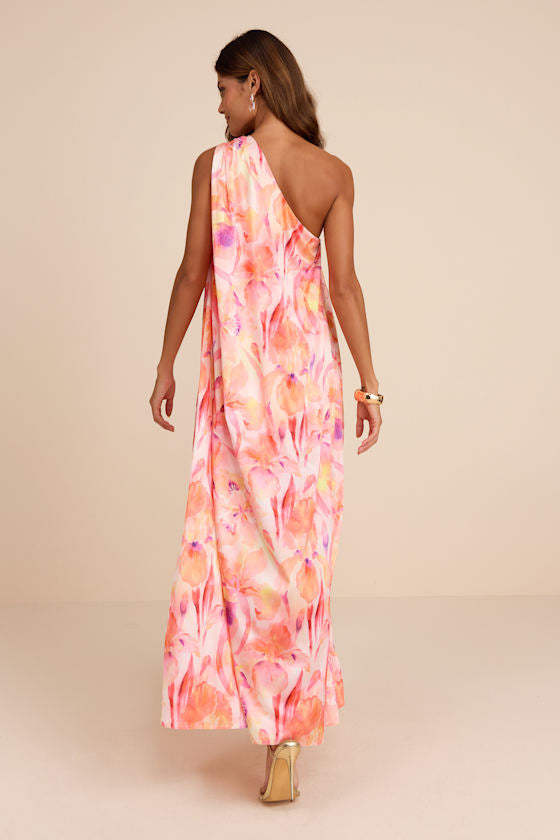 Goddess Aura Black Satin One-Shoulder Maxi Dress