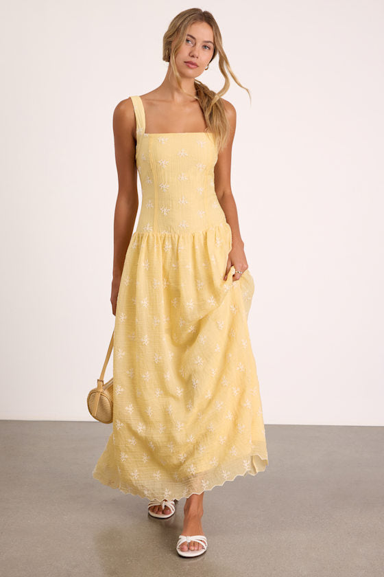 Starletta Yellow Embroidered Drop Waist Maxi Dress #Color_Yellow