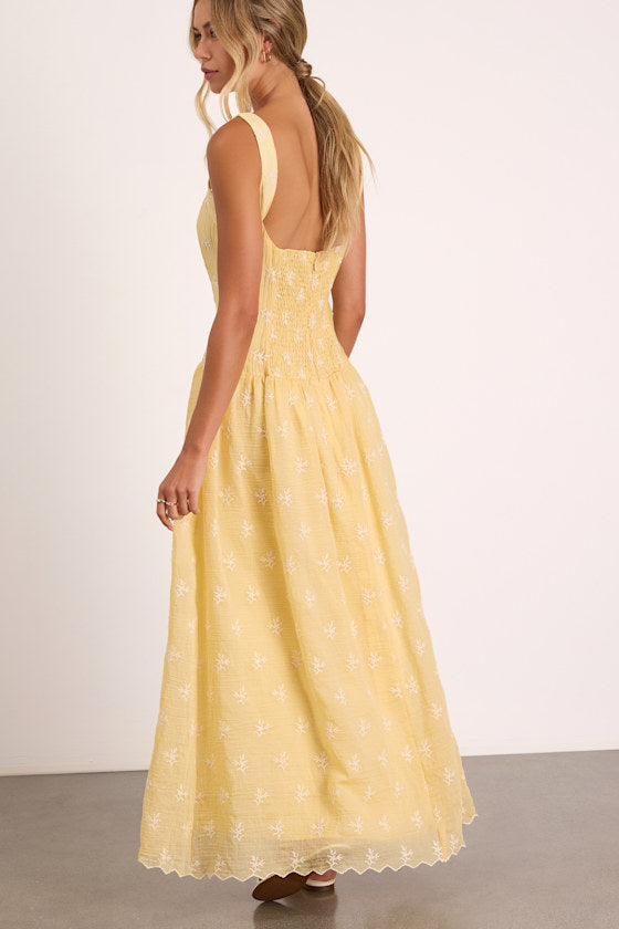 Starletta Yellow Embroidered Drop Waist Maxi Dress #Color_Yellow