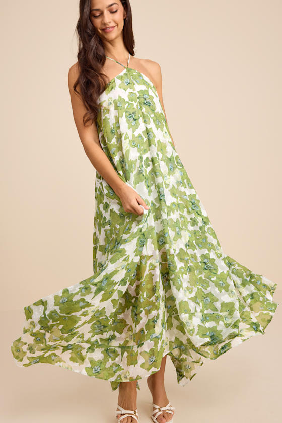 Dezzi Blush Multi Floral Halter Shift Maxi Dress #Color_Green Floral