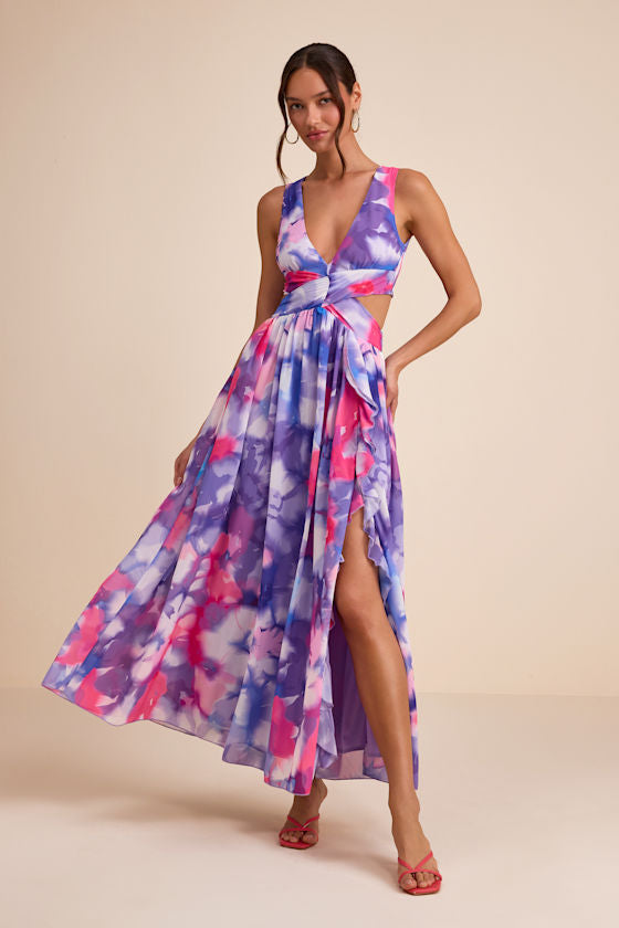 Elisanna Purple Multi Floral Lace-Up Midi Dress #Color_Purple Multi Floral