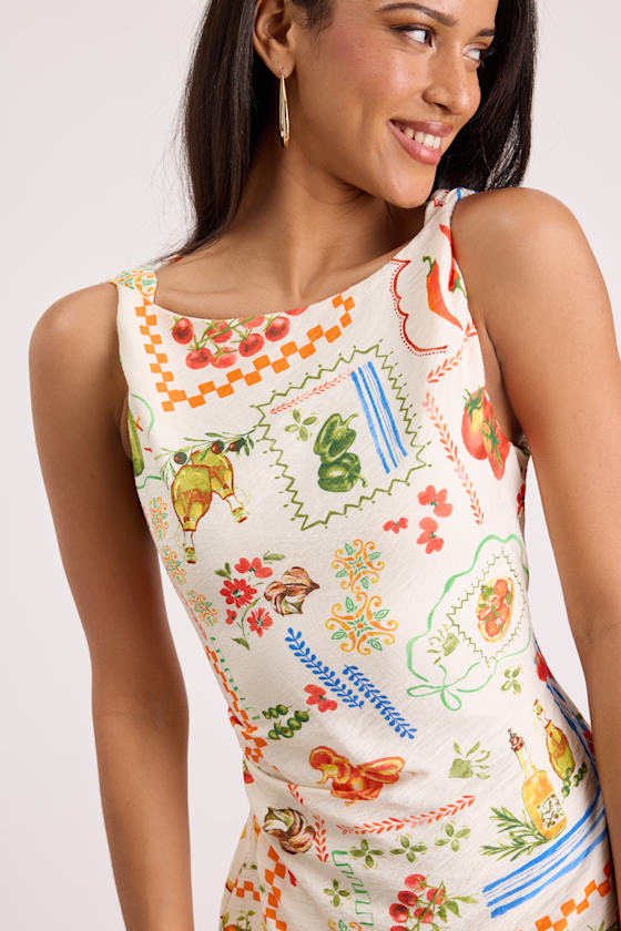 Vittoria Cream Multi Print Twist Strap Mini Dress #Color_Vittoria Cream Multi Print Twist Strap Mini Dress