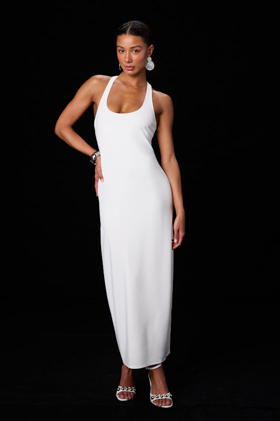 Jalini White Jersey Knit Scoop Neck Maxi Dress #Color_White