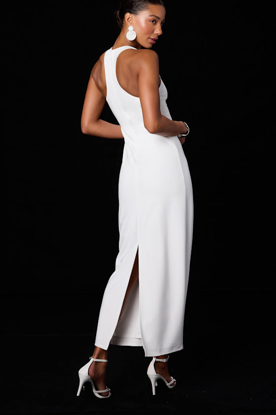 Jalini White Jersey Knit Scoop Neck Maxi Dress #Color_White