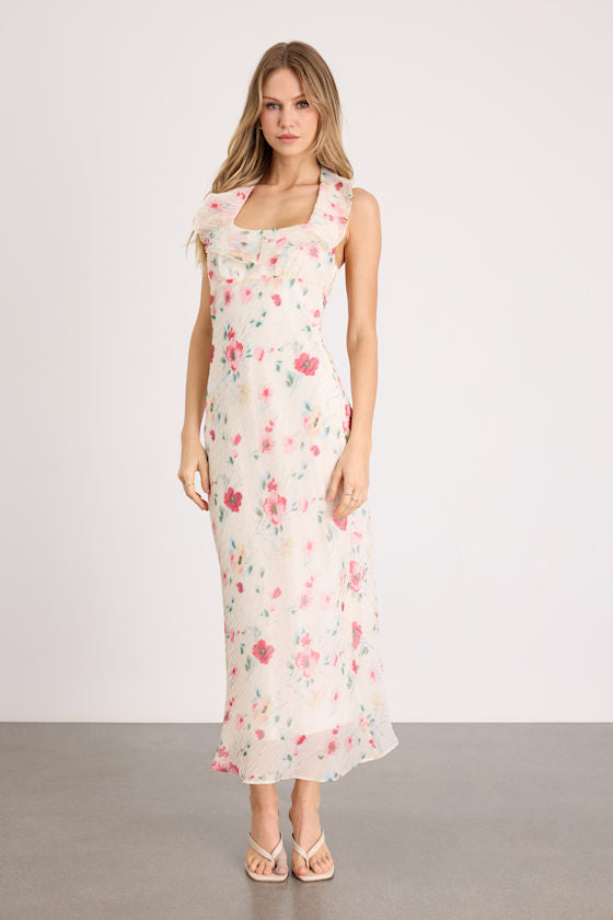 Etta Ivory Floral Ruffled Halter Midi Dress