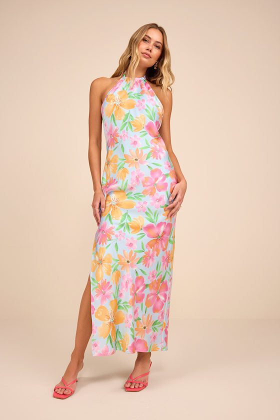 Glowing Presence Light Green Floral Satin Halter Maxi Dress