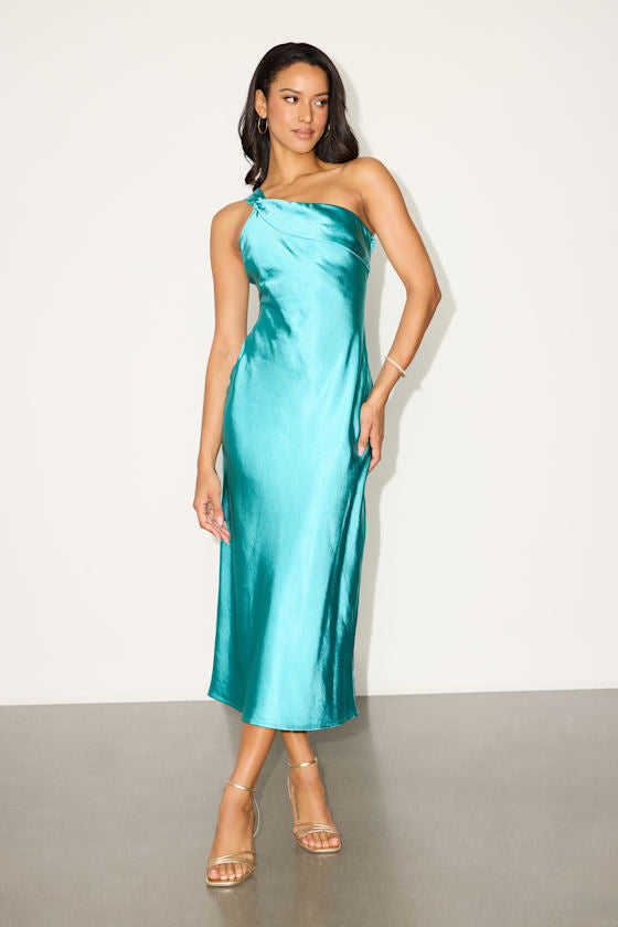 Naima White Satin One-Shoulder Midi Dress #Color_Turquoise
