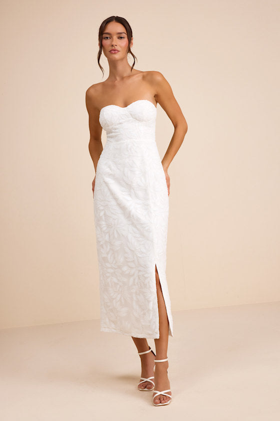 Beyza White Sequin Beaded Strapless Midi Dress #Color_White
