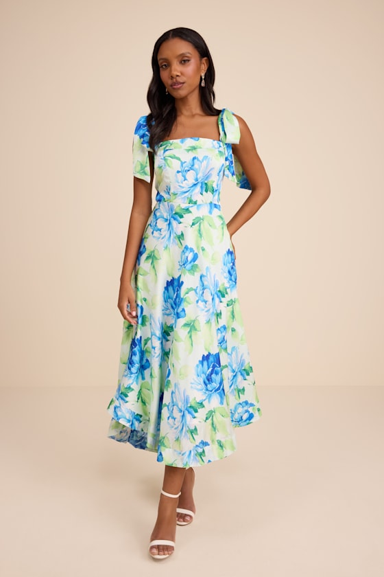 Fleurette Light Green Floral Tie-Strap Midi Dress