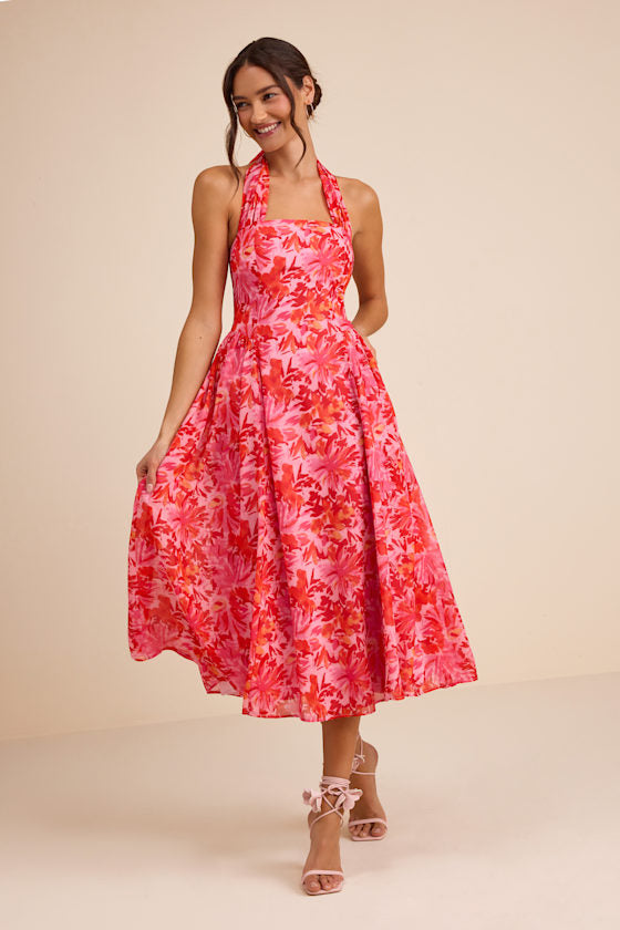 Conway Navy Blue Halter Midi Dress #Color_Pink Floral