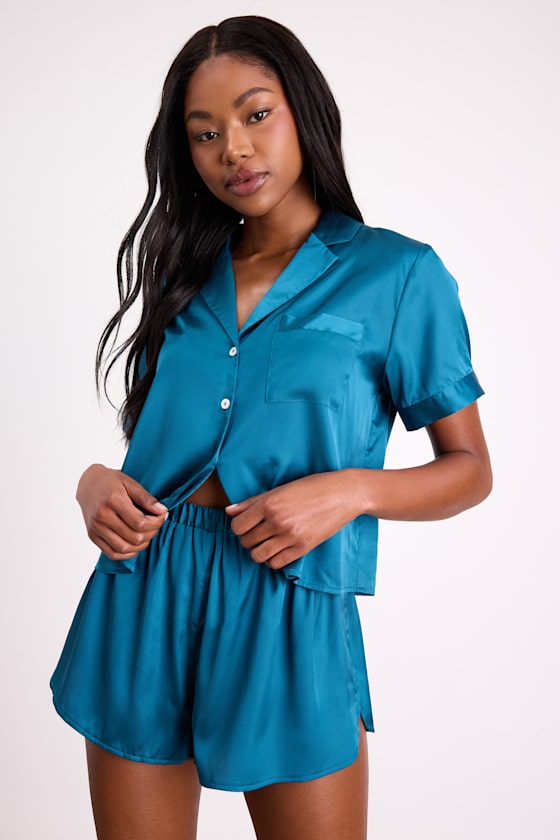 Pleasant Dreams White Satin Two-Piece Pajama Set #Color_Teal