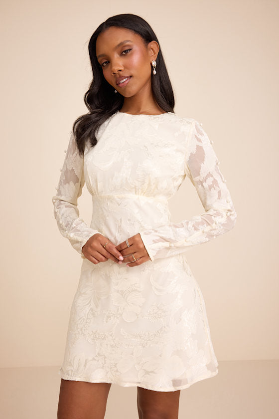 Agnes Ivory Jacquard Long Sleeve Mini Dress #Color_Ivory