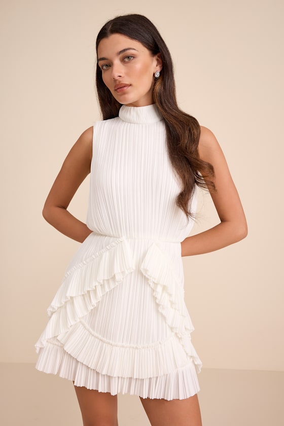 Alvana White Plisse Mock Neck Ruffled Mini Dress #Color_White