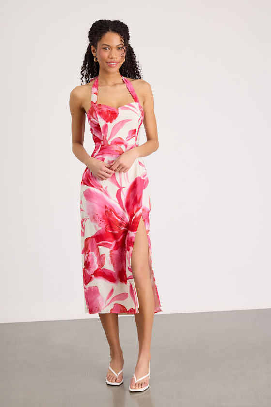 Leilanna Hot Pink Multi Floral Print Halter Midi Dress #Color_Hot Pink Multi Floral Print