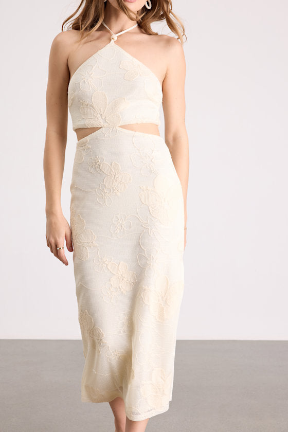 Larissa Cream Embroidered Halter Crochet Midi Dress