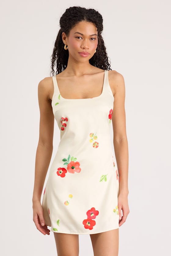 Malandra Cream Multi Print Satin Mini Dress #Color_Cream Multi Print