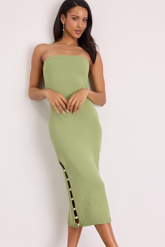 Brodi Light Green Strapless Shell Sweater Midi Dress #Color_Light Green