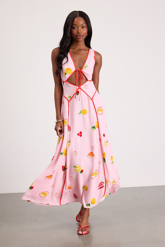 Nabina Light Pink Multi Print Tie-Front Maxi Dress #Color_Light Pink Multi Print
