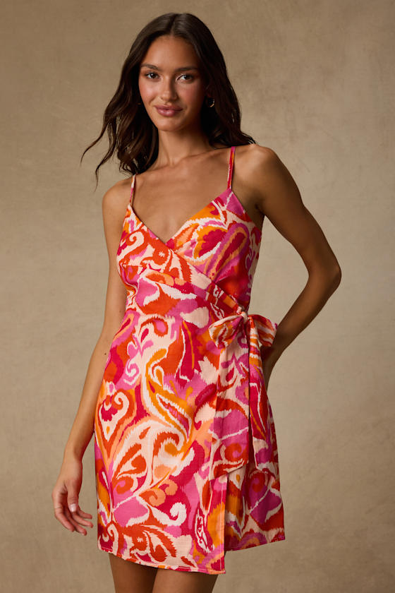 Neya Pink Multi Abstract Wrap Mini Dress #Color_Pink Multi Abstract