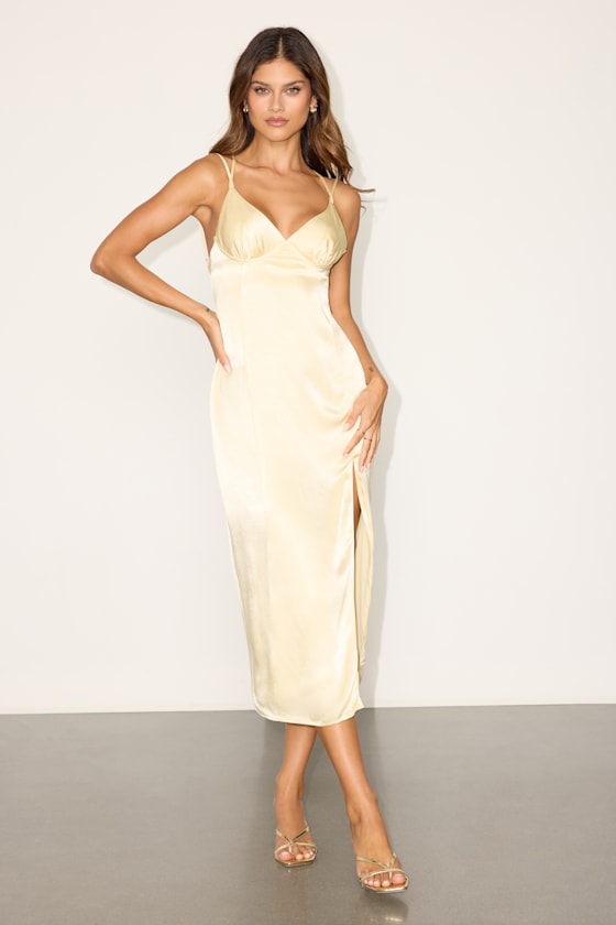 Marelynn Pale Yellow Satin Strappy Midi Dress #Color_Pale Yellow