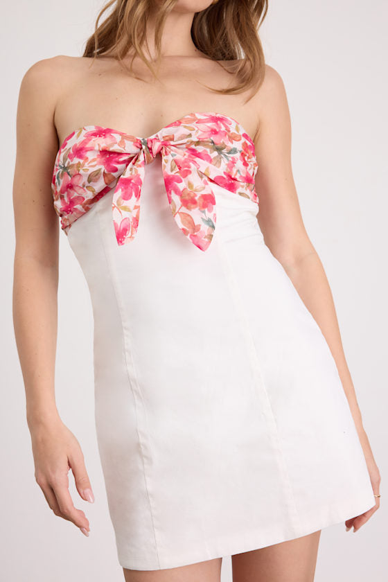 Callie White and Pink Floral Tie-Front Mini Dress #Color_White and Pink Floral