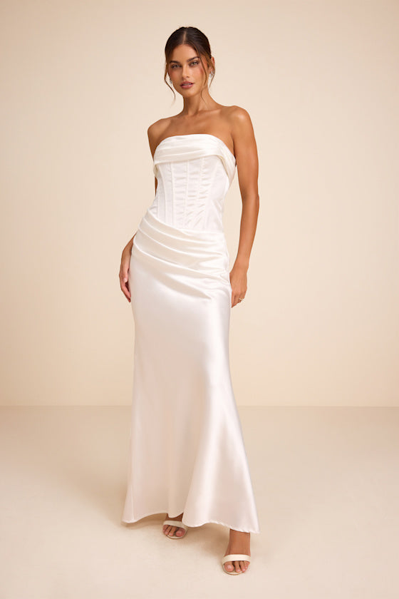 Dawn White Satin Strapless Column Maxi Dress #Color_White